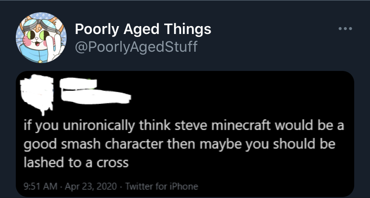 poorly aged stuff - funny bbm display - Poorly Aged Things if you unironically think steve minecraft would be a good smash character then maybe you should be lashed to a cross Twitter for iPhone