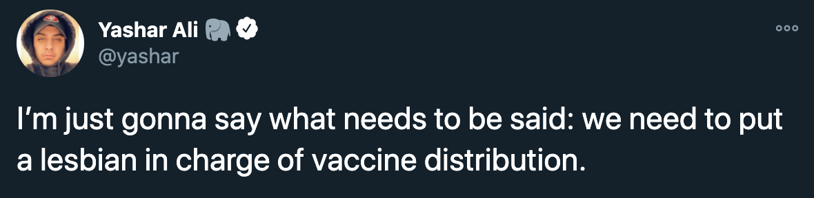 funny tweets - I'm just gonna say what needs to be said we need to put a lesbian in charge of vaccine distribution.