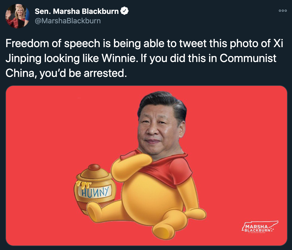 funny tweets - Freedom of speech is being able to tweet this photo of Xi Jinping looking Winnie. If you did this in Communist China, you'd be arrested.