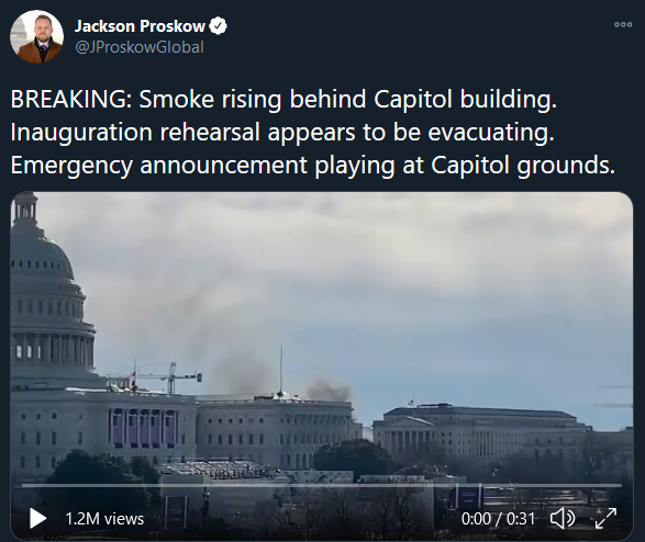 donald trump conspiracy theories - Jackson Proskow Breaking Smoke rising behind Capitol building. Inauguration rehearsal appears to be evacuating. Emergency announcement playing at Capitol grounds.