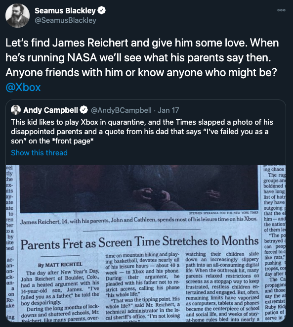 new york times video games - Seamus Blackley Let's find James Reichert and give him some love. When he's running Nasa we'll see what his parents say then. Anyone friends with him or know anyone who might be?