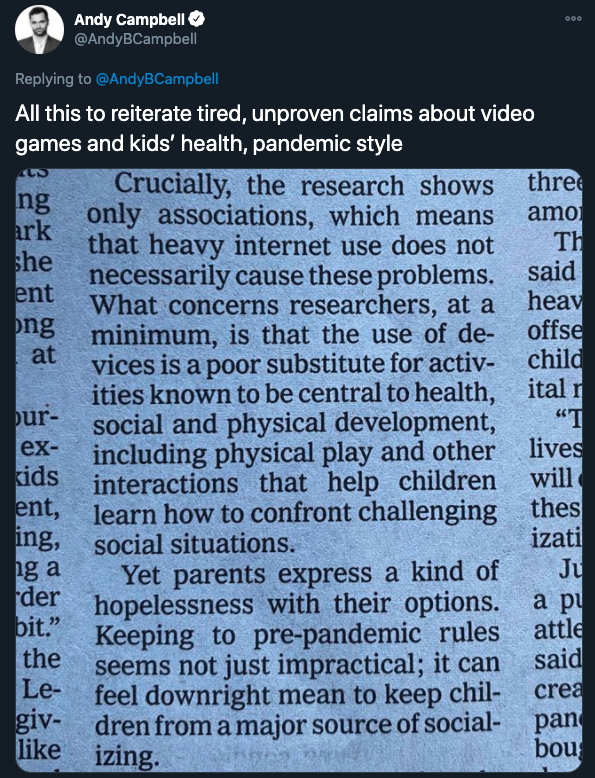new york times video games - All this to reiterate tired, unproven claims about video games and kids' health, pandemic style
