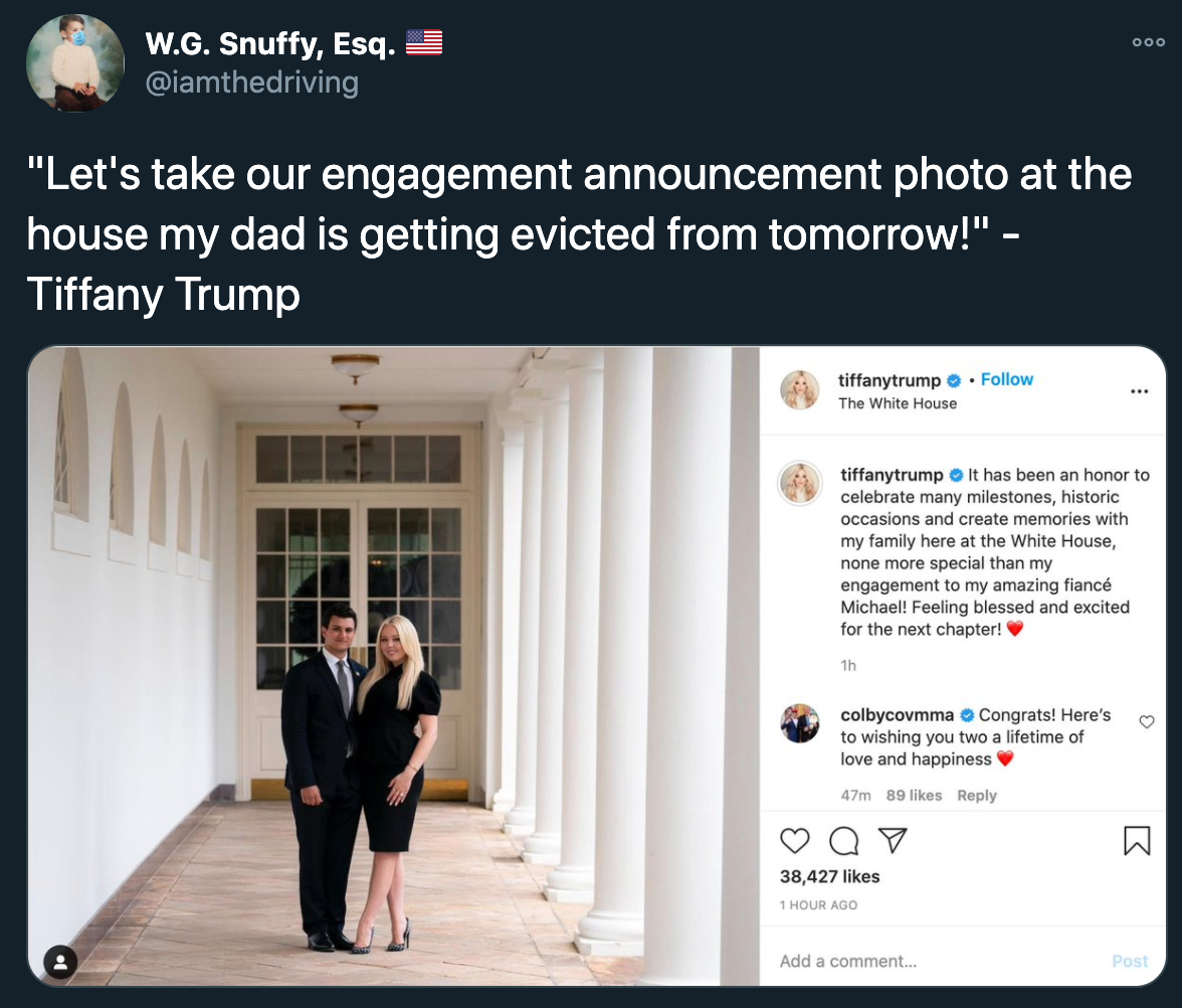 tiffany trump engagement - let's take our engagement announcement photo at the house my dad is getting evicted from tomorrow