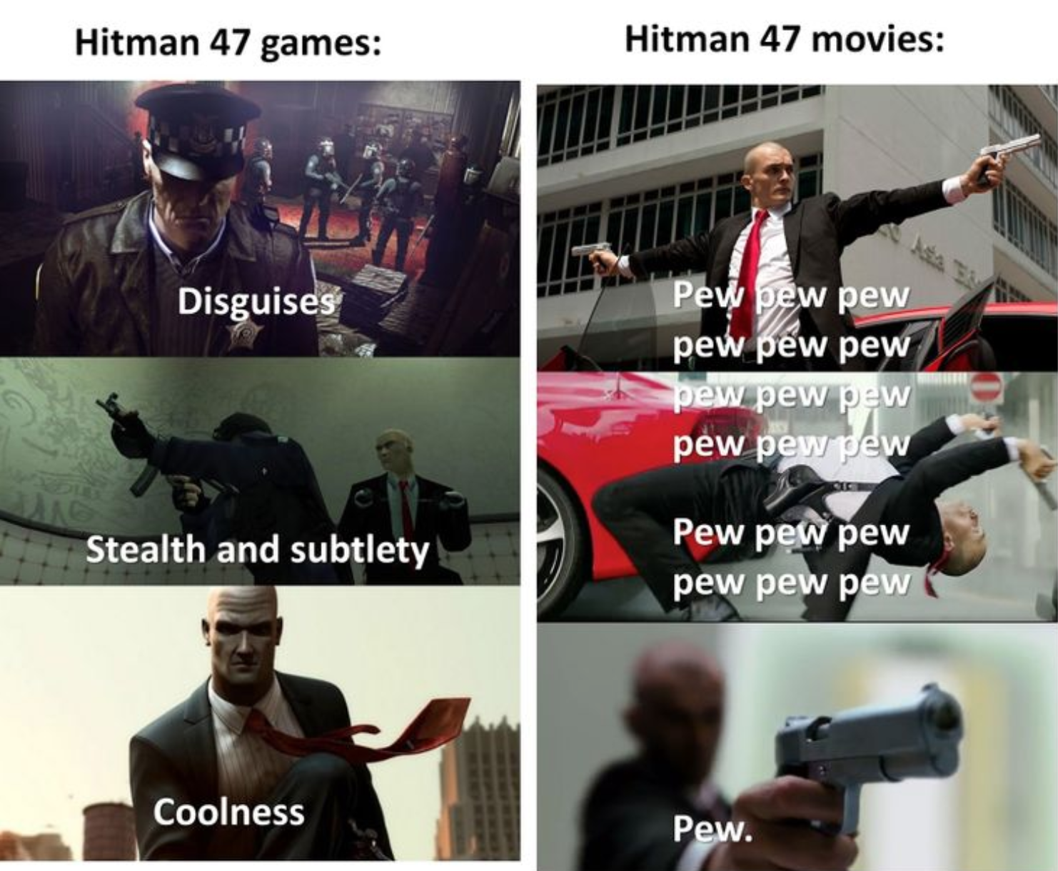 hitman meme - Hitman 47 games Hitman 47 movies Disguises Pew pew pew pew pew pew pew pew pew pew pew pew Stealth and subtlety Pew pew pew pew pew pew Coolness Pew.