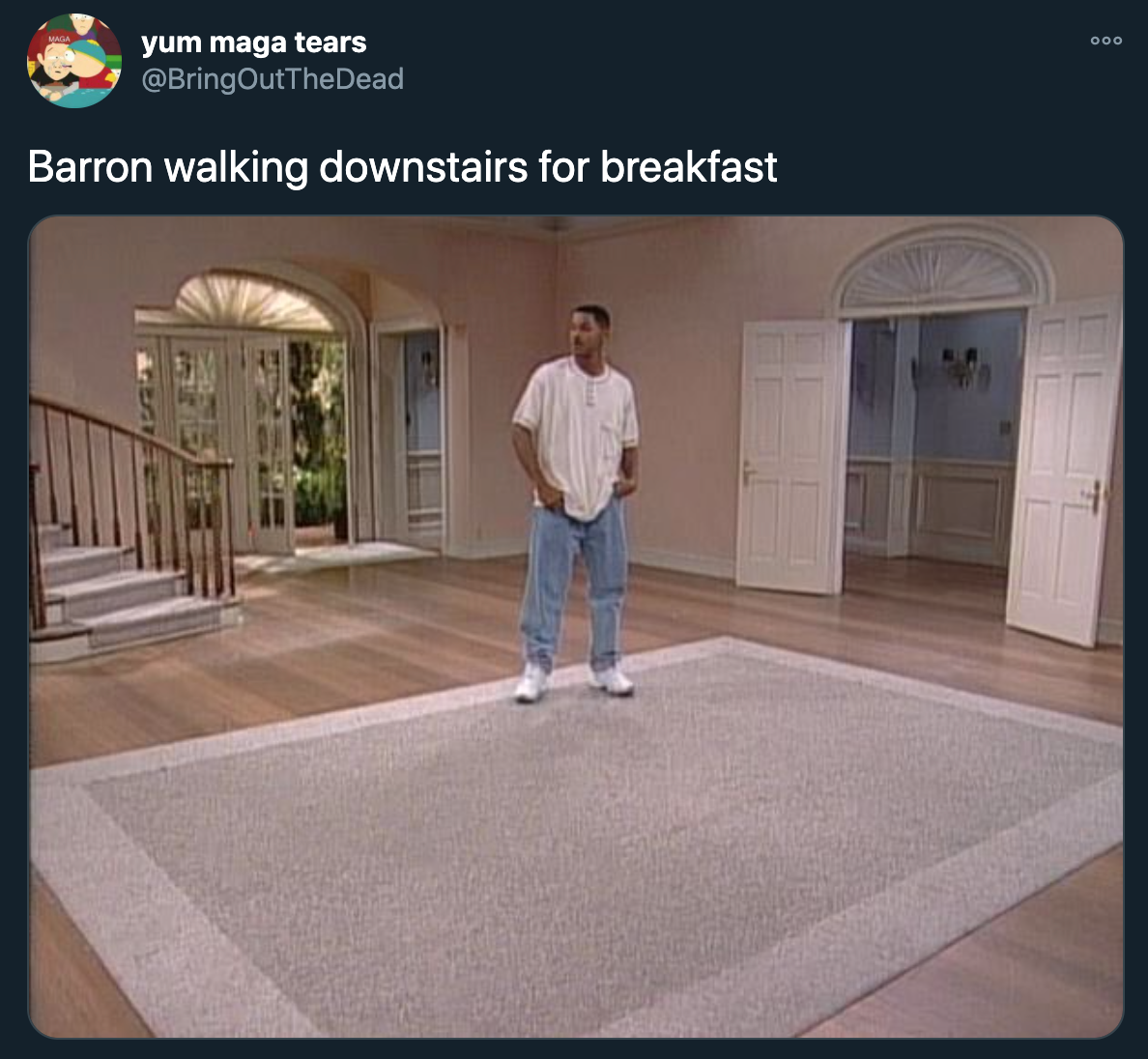joe biden inauguration jokes - barron walking downstairs for breakfast
