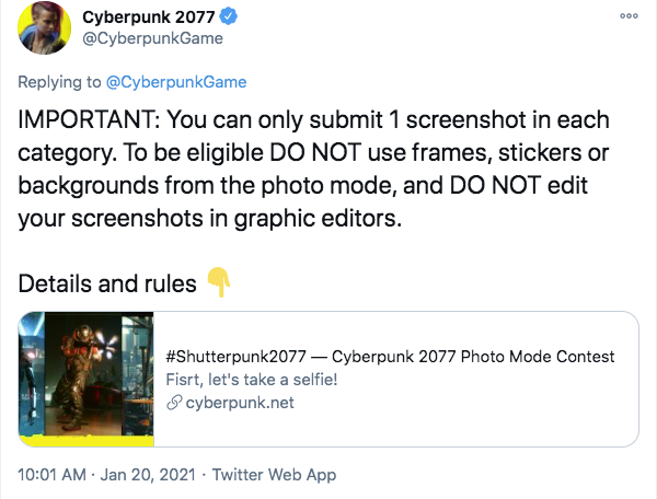 Bread - Cyberpunk 2077 Important You can only submit 1 screenshot in each category. To be eligible Do Not use frames, stickers or backgrounds from the photo mode, and Do Not edit your screenshots in graphic editors. Details and rules Cyberpunk 2077 Photo 