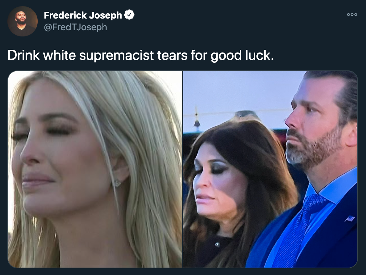 joe biden inauguration jokes - Drink white supremacist tears for good luck.