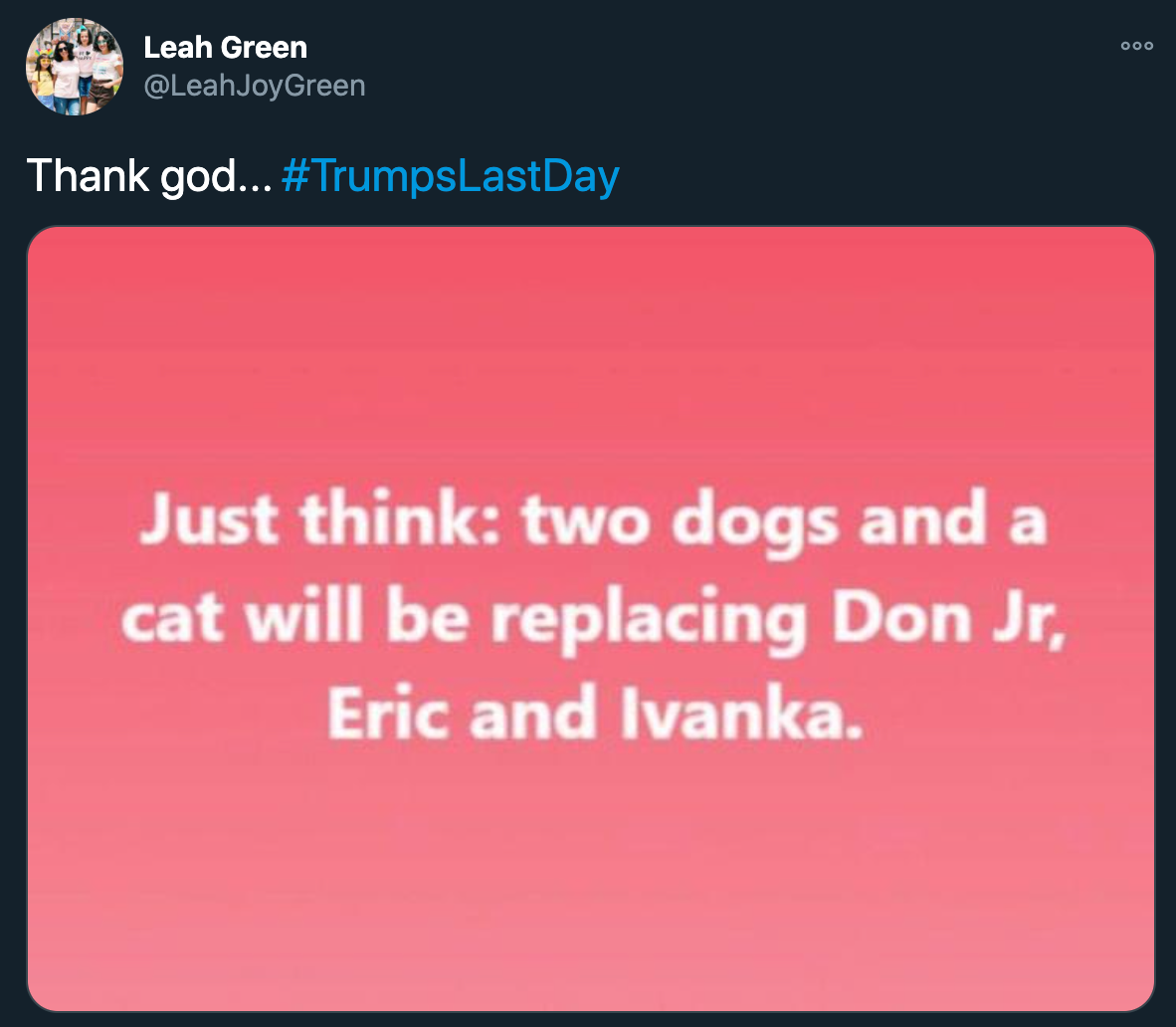 joe biden inauguration jokes - just think two dogs and a cat will be replacing don junior eric and ivanka