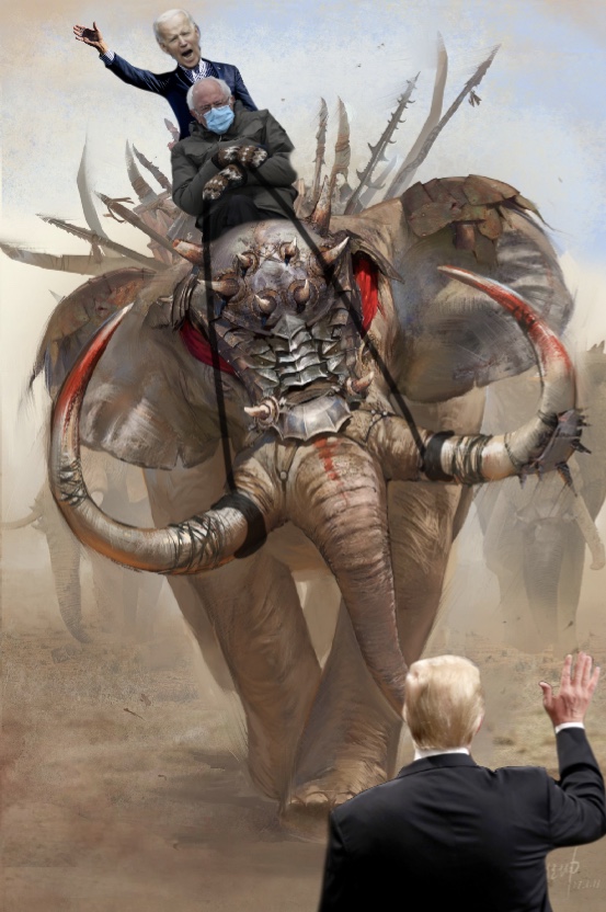 unfazed bernie meme form the inauguration - elephants and mammoths bernie and joe biden riding towards donald trump