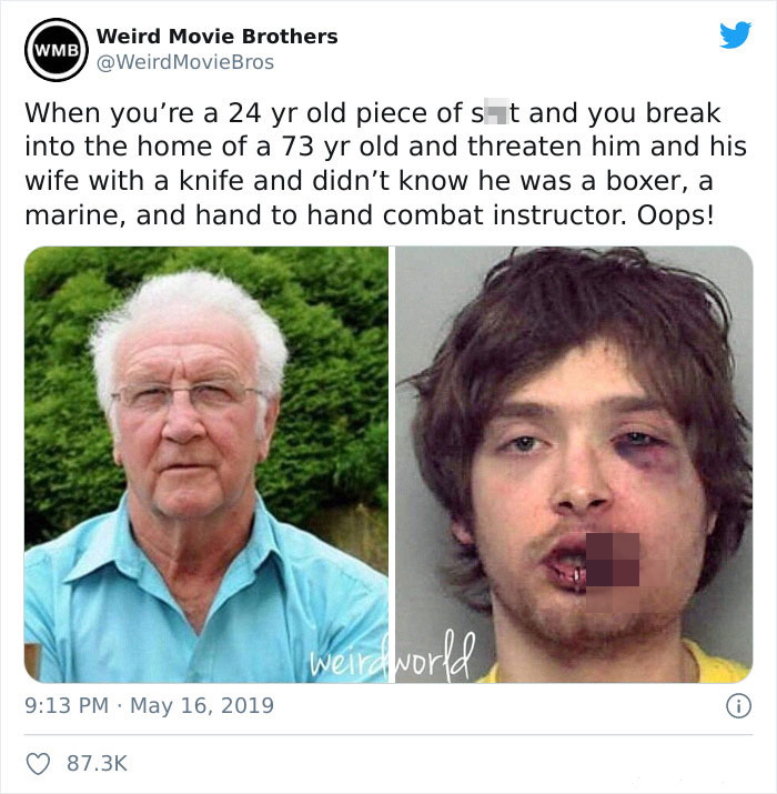 funny instant karma - When you're a 24 yr old piece of shit and you break into the home of a 73 yr old and threaten him and his wife with a knife and didn't know he was a boxer, a marine, and hand to hand combat instructor. Oops!