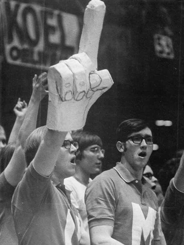 The very first foam finger, worn by its inventor Steve Chmelar