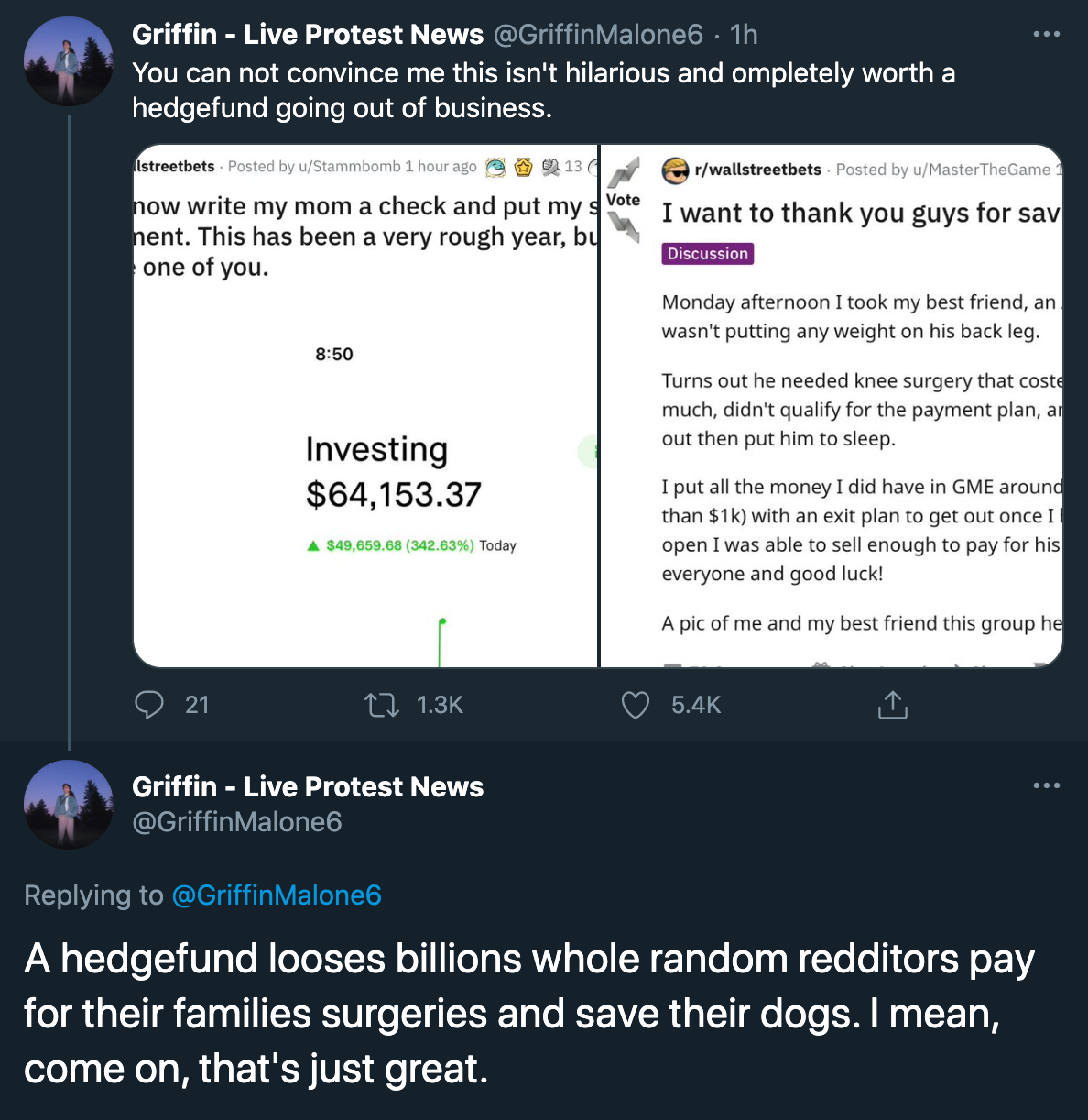 funny gamestop stock jokes - A hedgefund looses billions whole random redditors pay for their families surgeries and save their dogs. I mean, come on, that's just great.