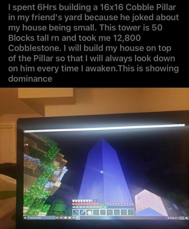 gaming memes and pics - light - I spent 6Hrs building a 16x16 Cobble Pillar in my friend's yard because he joked about my house being small. This tower is 50 Blocks tall rn and took me 12,800 Cobblestone. I will build my house on top of the Pillar so that