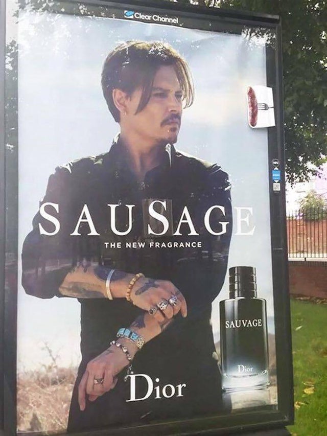 funny graffiti vandalism - johnny depp perfume sausage