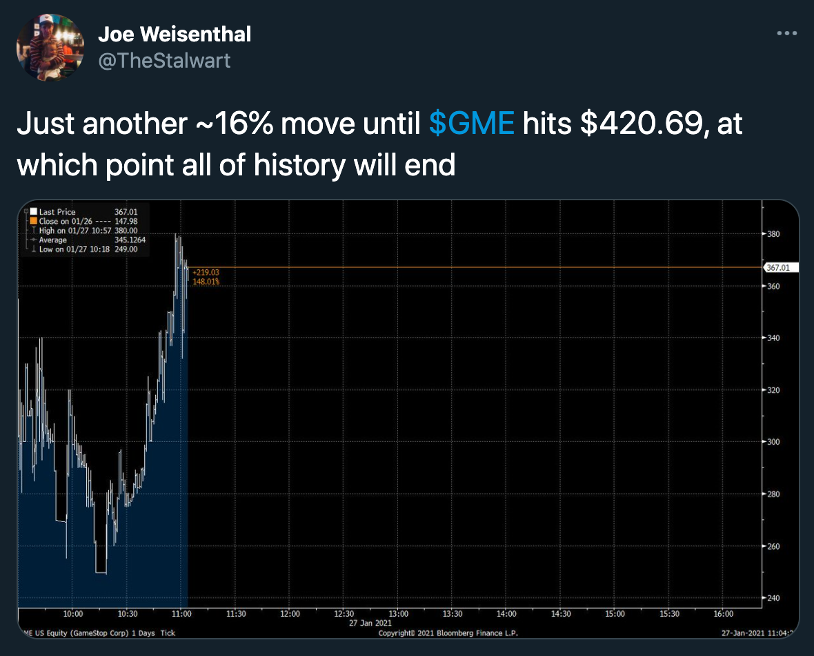 funny gamestop stock jokes - Just another ~16% move until $Gme hits $420.69, at which point all of history will end