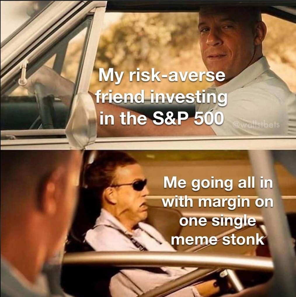 it's been a long day without you my friend paul walker - My riskaverse friend investing in the S&P 500 Me going all in with margin on one single meme stonk