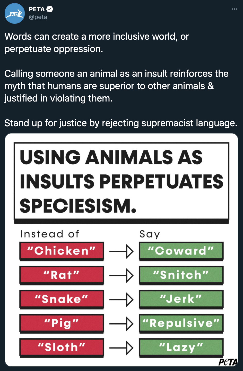 peta roast jokes -- Peta Words can create a more inclusive world, or perpetuate oppression. Calling someone an animal as an insult reinforces the myth that humans are superior to other animals & justified in violating them. Stand up for justice by rejecti