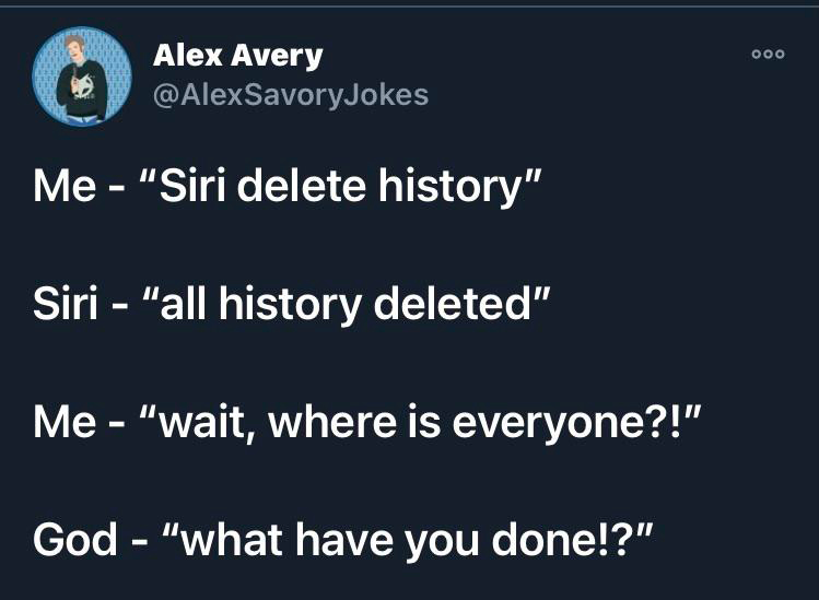 funny twitter jokes and memes - siri delete history. all history deleted. god what have you done?