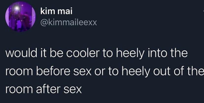 funny twitter jokes and memes - would it be cooler to heely into the room before sex or to heely out of the room after sex