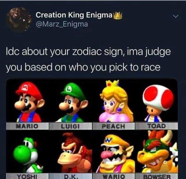 mario kart 64 character icons - Creation King Enigma Idc about your zodiac sign, ima judge you based on who you pick to race Mario Luigi Peach Toad Yoshi Dk. Wario Bowser