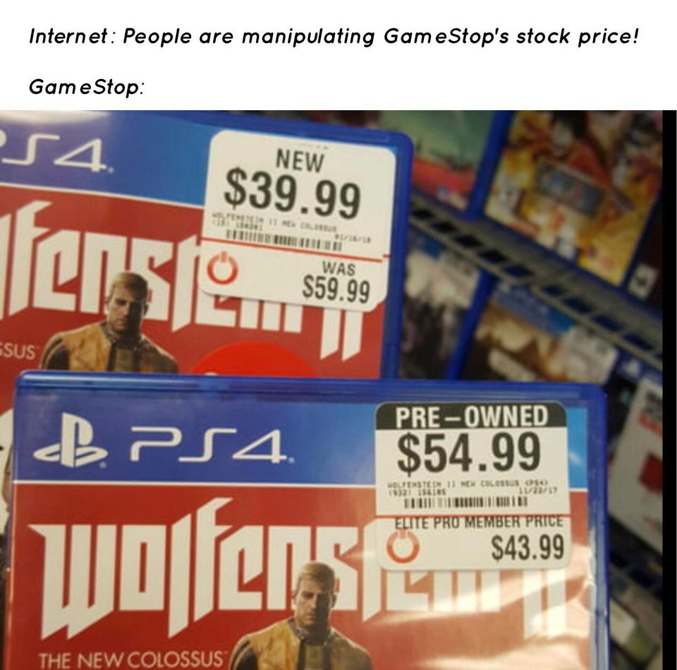 playstation 4 - Internet People are manipulating GameStop's stock price! GameStop New $39.99 fans S59.99 Esus B PS4 PreOwned $54.99 Oo Titlete | 1uniN Elite Pro Member Price S43.99 unfas The New Colossus