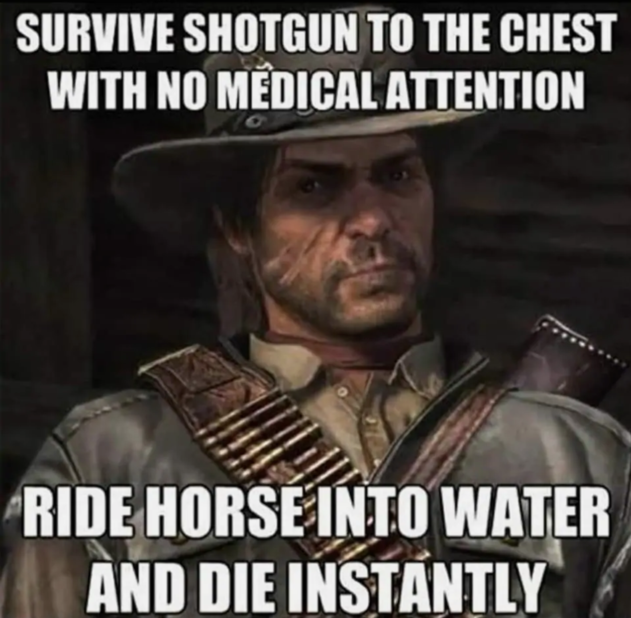 game memes - Survive Shotgun To The Chest With No Medical Attention Ride Horse Into Water And Die Instantly