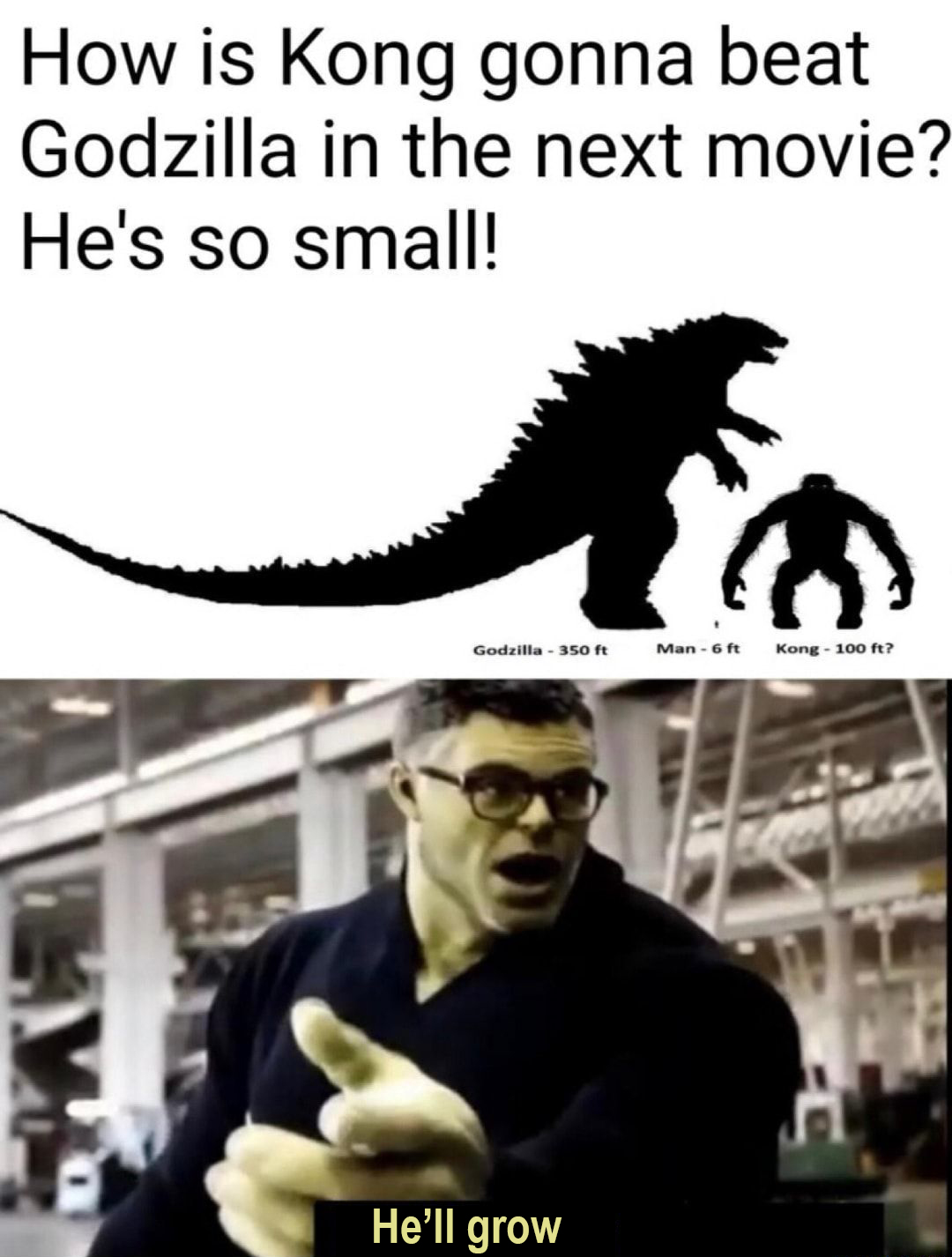 funny godzilla vs. kong memes - How is Kong gonna beat Godzilla in the next movie? He's so small! Godzilla 350 ft Man 6 ft Kong 100 ft? He'll grow