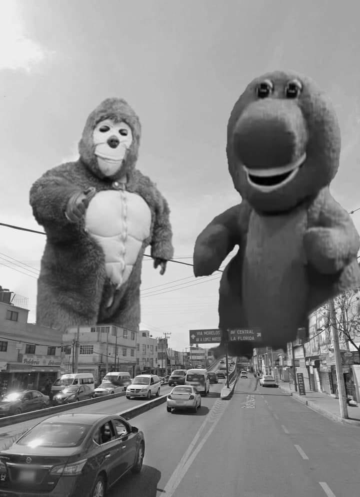 funny godzilla vs. kong memes - barney the dinosaur funny gorilla costume