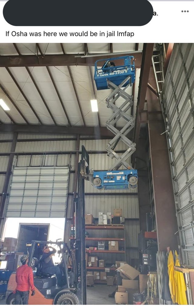 funny safety workplace fails -- If Osha was here we would be in jail - guys using forklift to lift another forklift