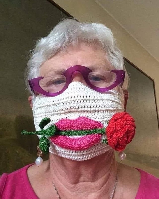 wtf pics - old woman with creepy rose knit face mask
