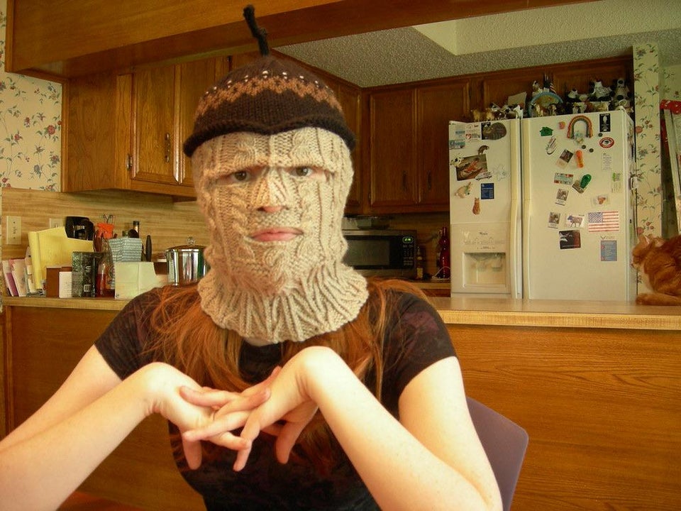 wtf pics - creepy woman wearing knitted face mask