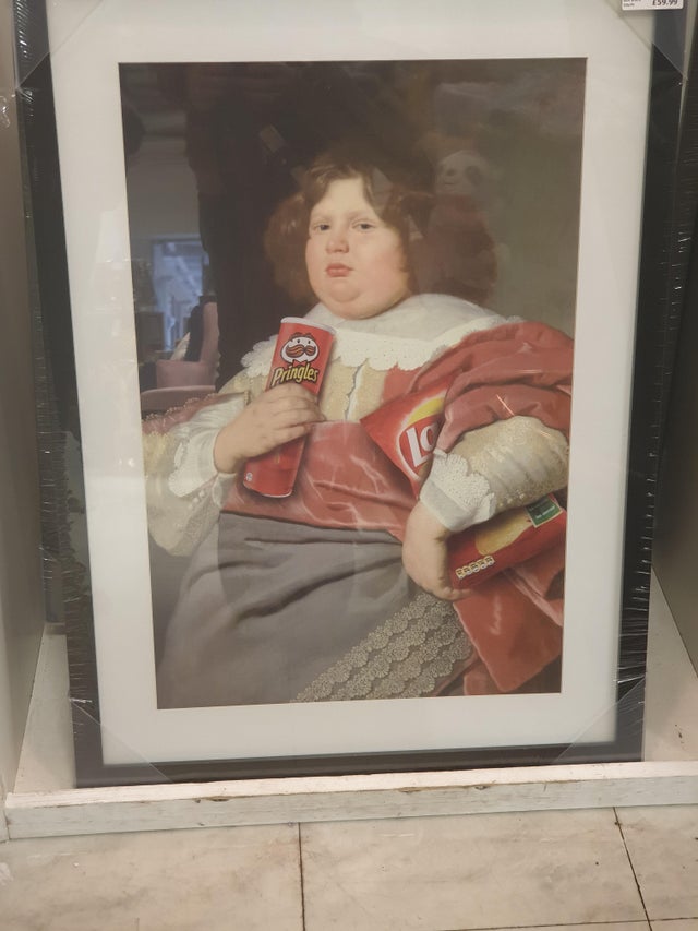 wtf pics - oil painting of fat person holding junk food chips