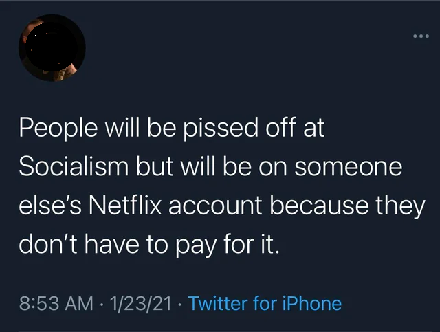 funny pics - People will be pissed off at Socialism but will be on someone else's Netflix account because they don't have to pay for it.