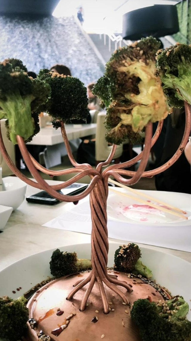 funny food pics - broccoli served on copper skewers