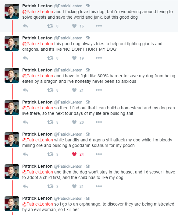 skyrim dog story twitter - Patrick Lenton Lenton 5h and I fucking love this dog, but i'm wondering around trying to solve quests and save the world and junk, but this good dog t7 8 16 Patrick Lenton Lenton 5h this good dog always tries to help out fightin