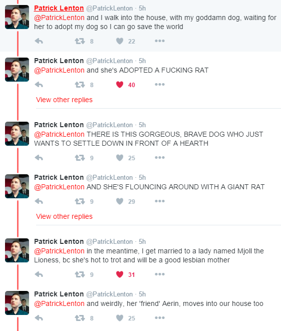 funny posts about mjoll - Patrick Lenton Lenton 5h and I walk into the house, with my goddamn dog, waiting for her to adopt my dog so I can go save the world Ez8 22 Patrick Lenton Lenton 5h and she's Adopted A Fucking Rat t7 8 40 View other replies Patric