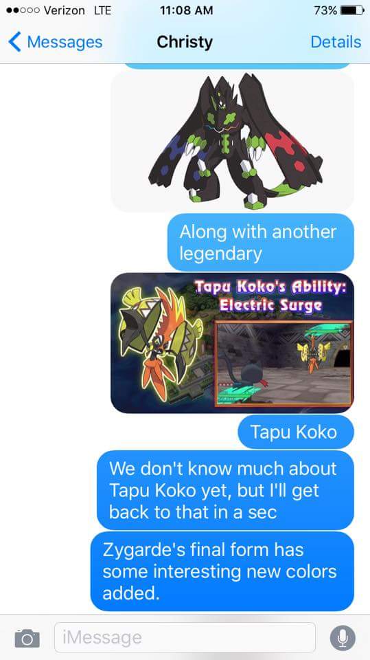 Along with another legendary. Tapu Koko. We don't know much about Tapu Koko yet, but I'll get back to that in a sec. Zygarde's final form has some interesting new colors added.
