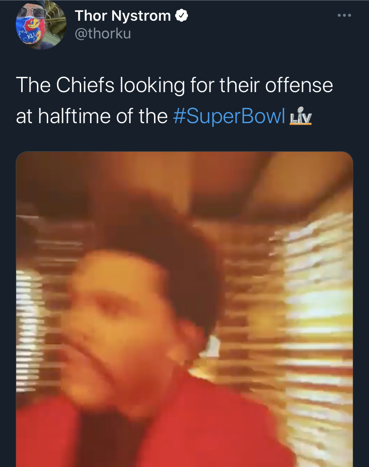 the weekend halftime show mirrors lights memes - human - Thor Nystrom Ku The Chiefs looking for their offense at halftime of the Liv