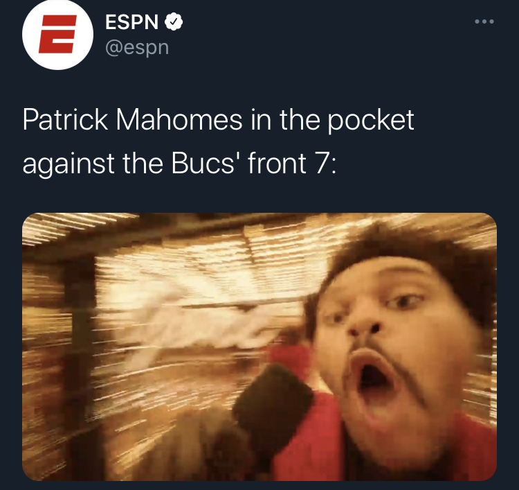 the weekend halftime show mirrors lights memes - photo caption - E mi Espn Patrick Mahomes in the pocket against the Bucs' front 7