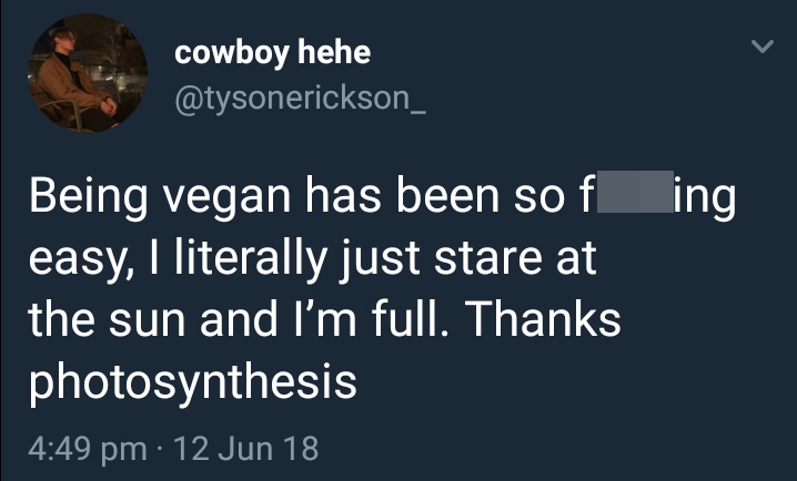 funny bad life advice - Being vegan has been so fuckin easy, I literally just stare at the sun and I'm full. Thanks photosynthesis