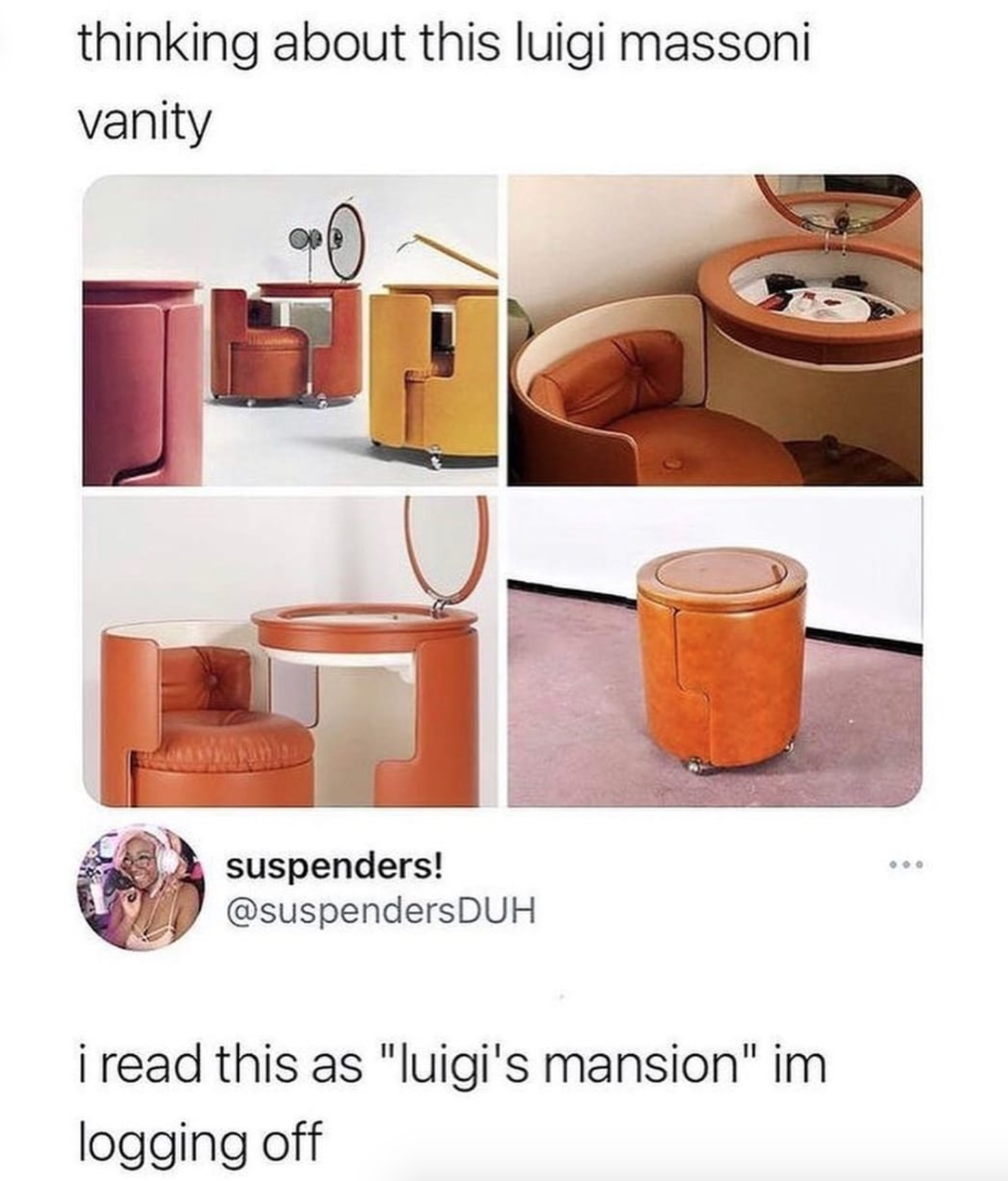 orange - thinking about this luigi massoni vanity suspenders! Duh i read this as "luigi's mansion" im logging off