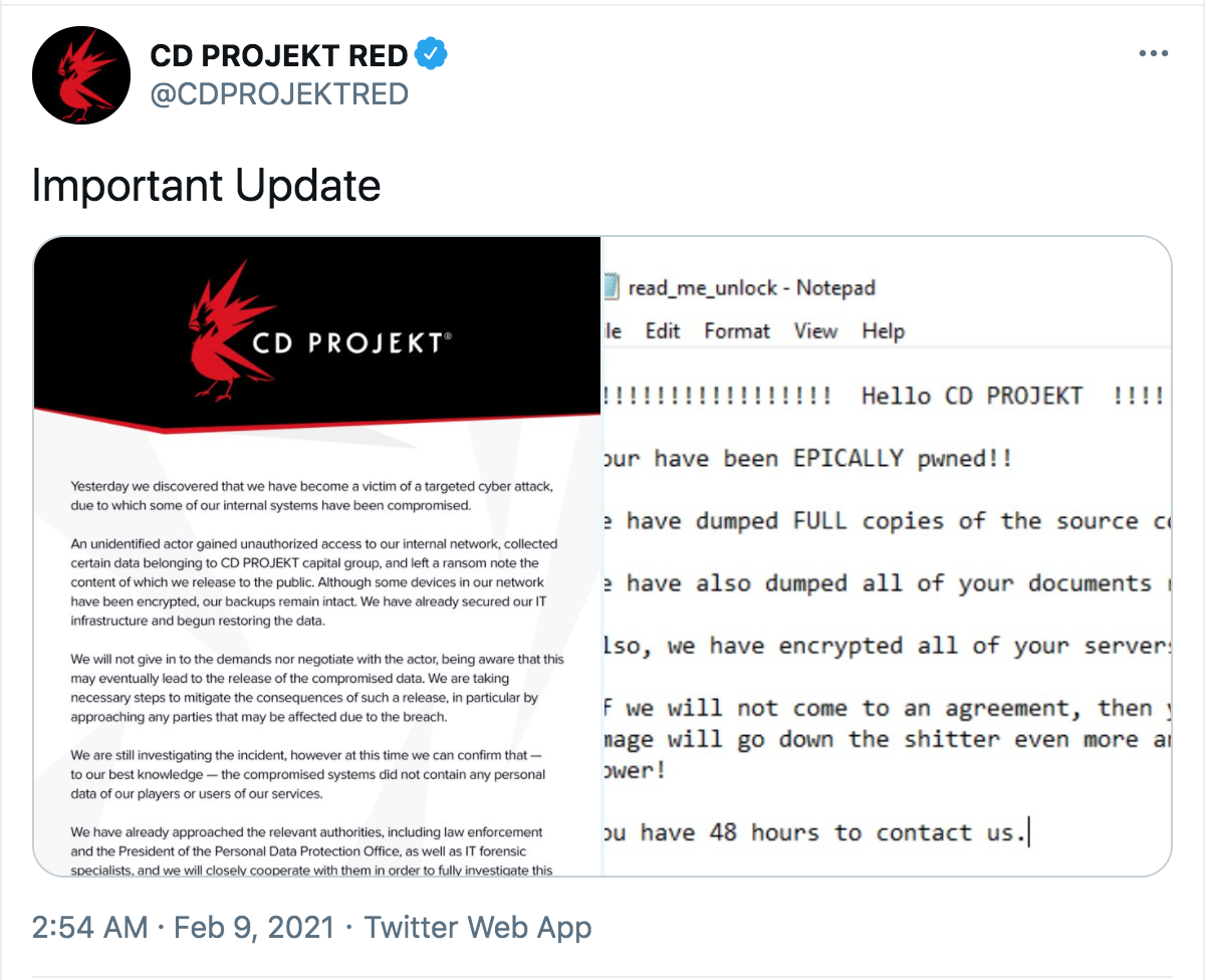 CD Projekt Red Has Been Hacked, Cyberpunk 2077 & Witcher 3 Source Codes Stolen 