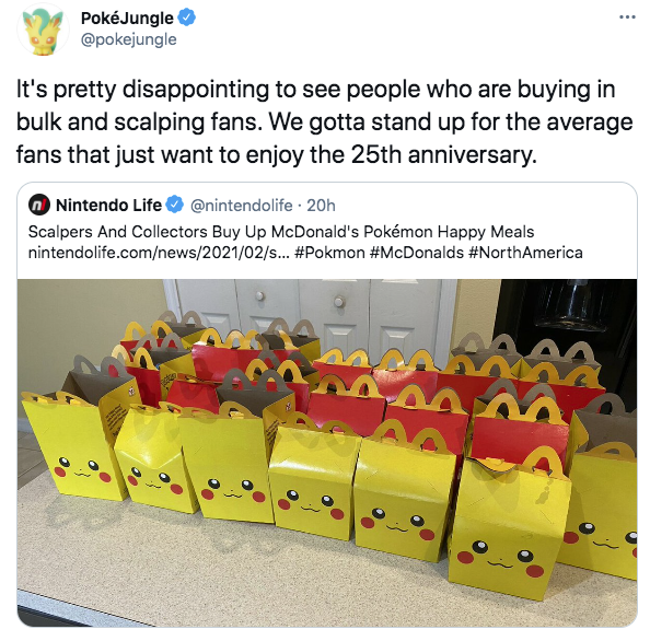 McDonald's Happy Meal Scalpers - It's pretty disappointing to see people who are buying in bulk and scalping fans. We gotta stand up for the average fans that just want to enjoy the 25th anniversary. Nintendo Life 20h Scalpers And Collectors Buy Up McDona