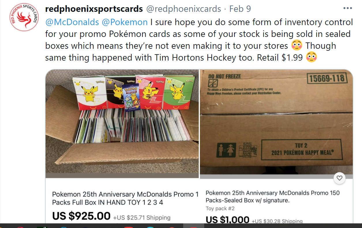 McDonald's Happy Meal Scalpers - I sure hope you do some form of inventory control for your promo Pokmon cards as some of your stock is being sold in sealed boxes which means they're not even making it to your stores Though same thing…