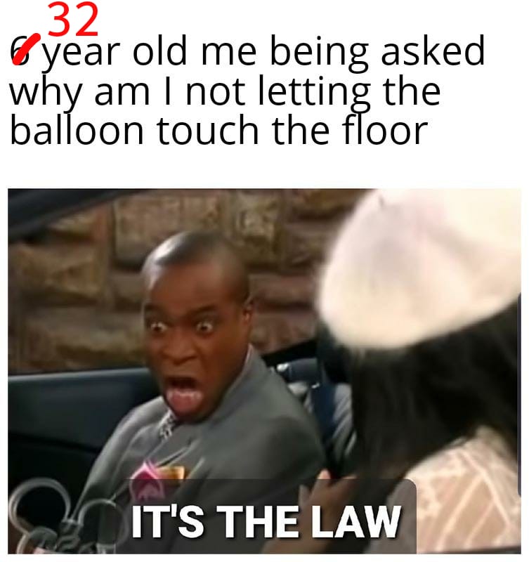 funny memes - 32 6 year old me being asked why am I not letting the balloon touch the floor It'S The Law