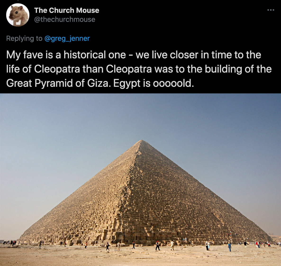 cool facts - My fave is a historical one we live closer in time to the life of Cleopatra than Cleopatra was to the building of the Great Pyramid of Giza. Egypt is ooooold.