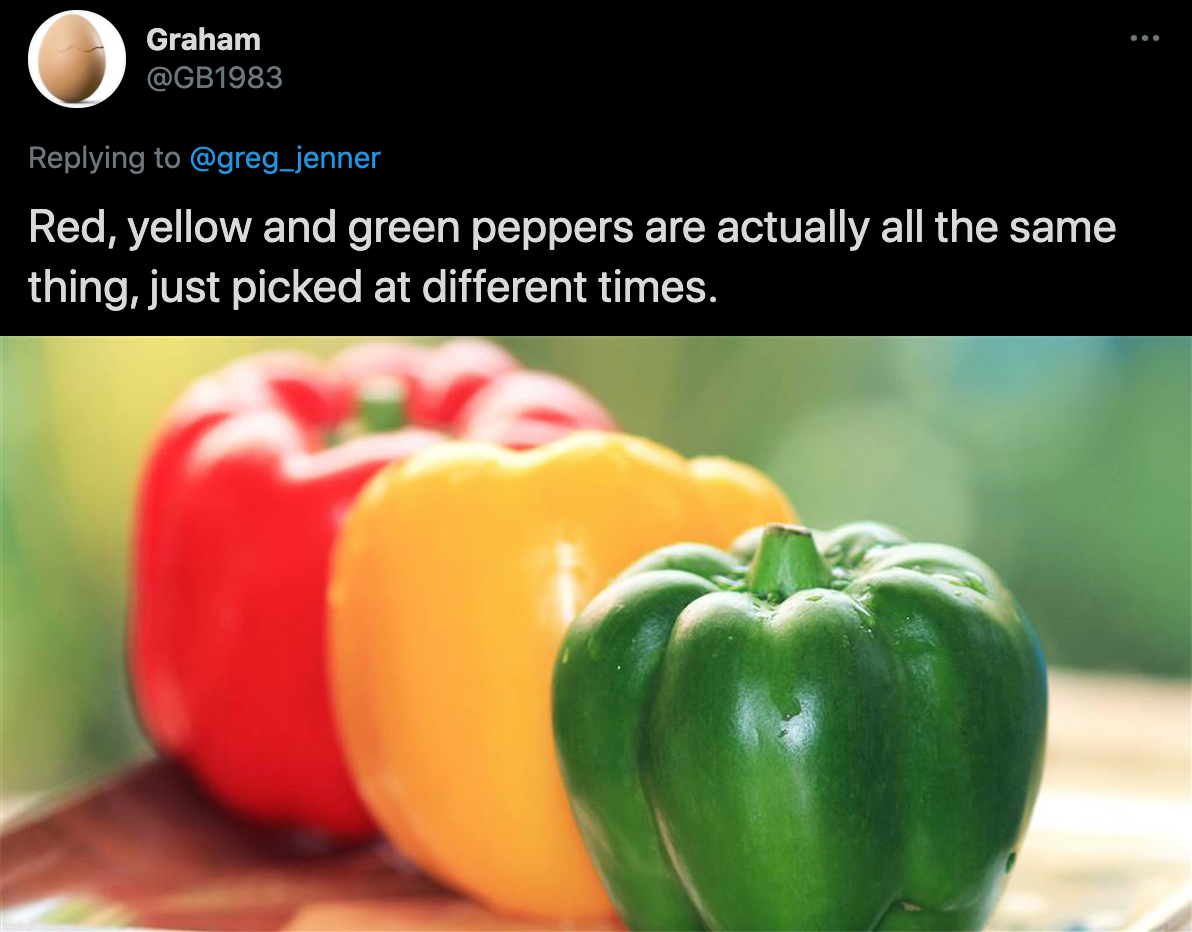cool facts - Red, yellow and green peppers are actually all the same thing, just picked at different times.