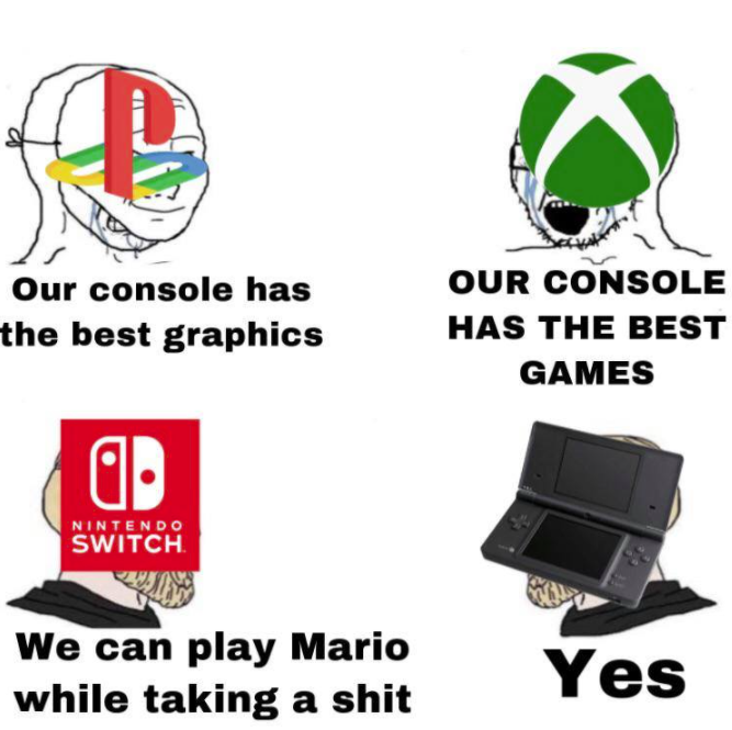 headgear - Our console has the best graphics Our Console Has The Best Games Oo Nintendo Switch We can play Mario while taking a shit Yes