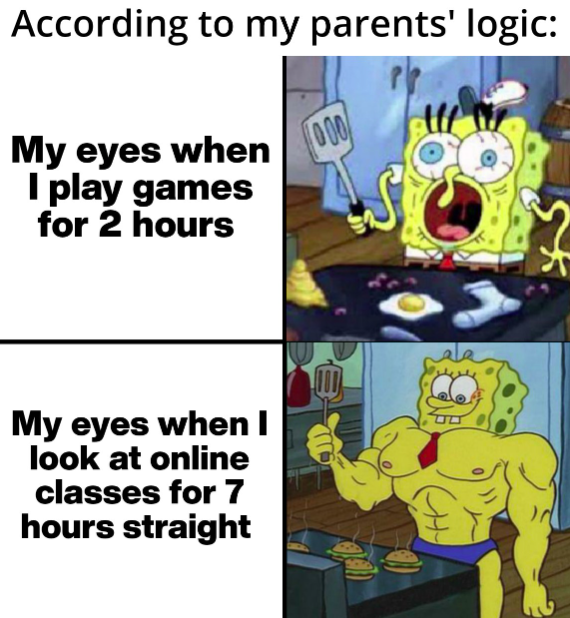 funny memes to send to your parents - According to my parents' logic 1000 My eyes when I play games for 2 hours My eyes when I look at online classes for 7 hours straight