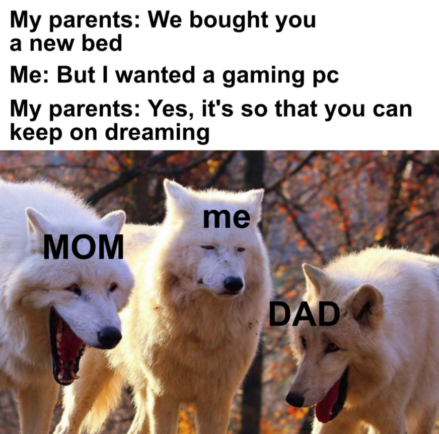 laughing wolf meme template blank - My parents We bought you a new bed Me But I wanted a gaming pc My parents Yes, it's so that you can keep on dreaming me Mom Dad